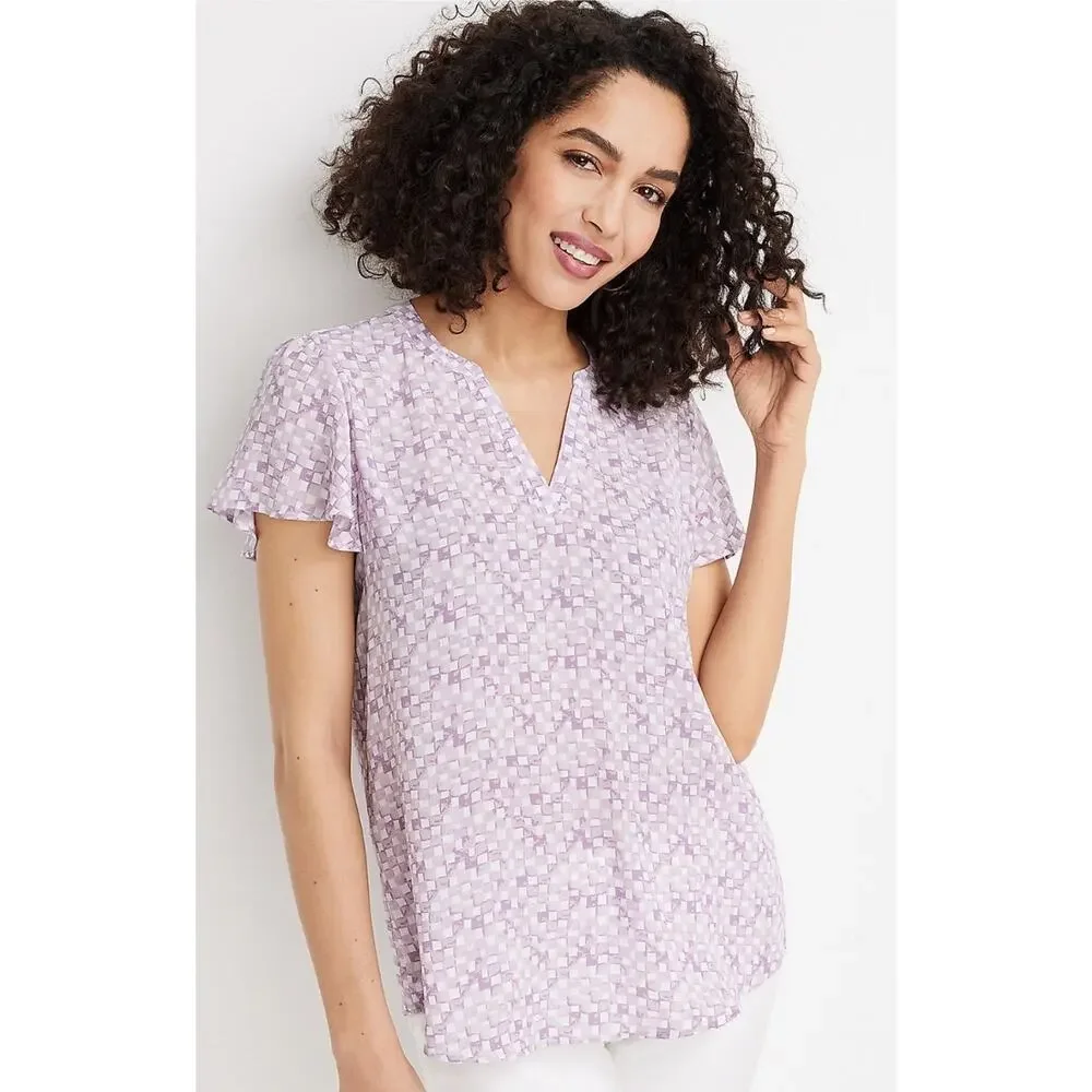 Maurices Women's Flutter Sleeve Blouse Purple Lavender Checkered V Neck Medium - Picture 1 of 8
